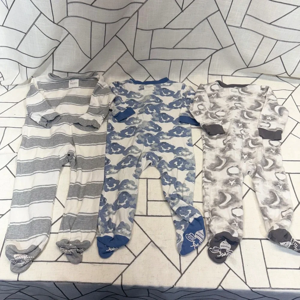Burt's‎ Bees Baby Pajamas 6-9M Blue Grey Stripe Cloud Moon Star 3-Pack Sleepers